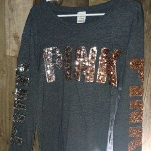 PINK Sequin Logo Long Sleeve Tee - Charcoal with Rose Gold